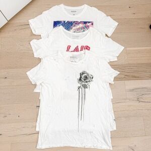 Y2K Guess Womens T-Shirt Lot Size S White Distressed Graphic Street‎ Grunge Rose